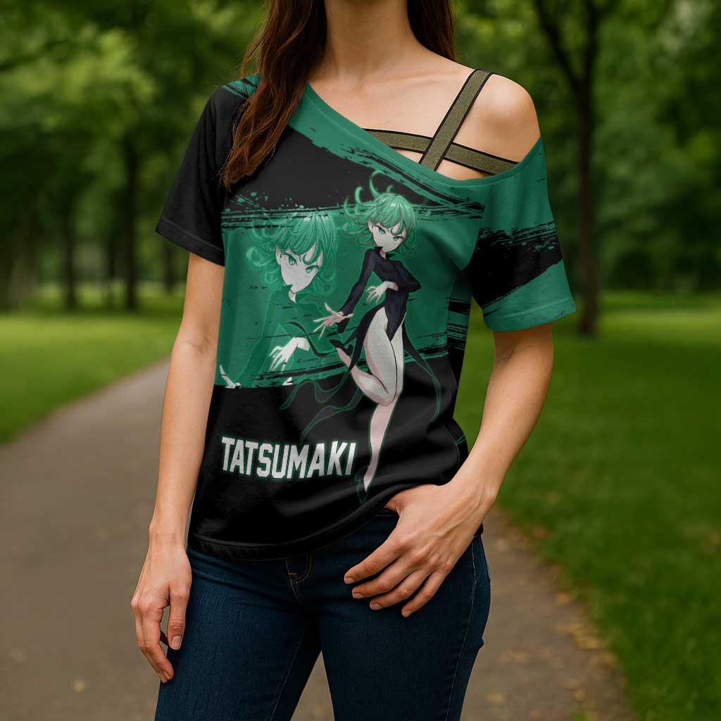 Tatsumaki One Punch Man Anime Green and Black Theme Cross Shoulder Shirt with Psychic Power Effects and Bold - The Mazicc