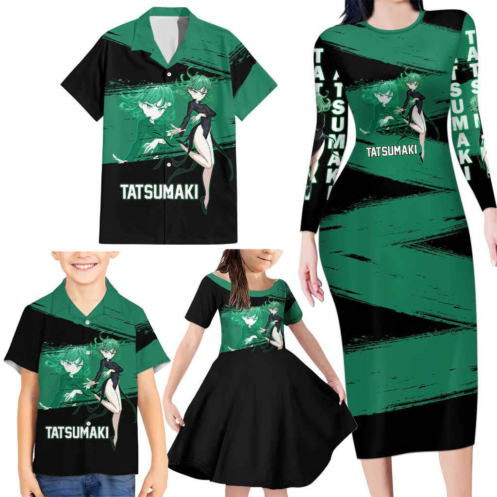 Tatsumaki One Punch Man Anime Green and Black Theme Family Matching Long Sleeve Bodycon Dress and Hawaiian Shirt with Psychic Power Effects and Bold