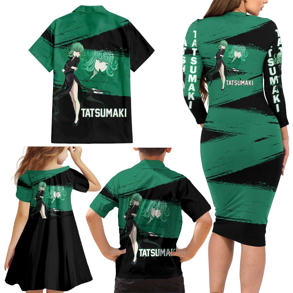 Tatsumaki One Punch Man Anime Green and Black Theme Family Matching Long Sleeve Bodycon Dress and Hawaiian Shirt with Psychic Power Effects and Bold