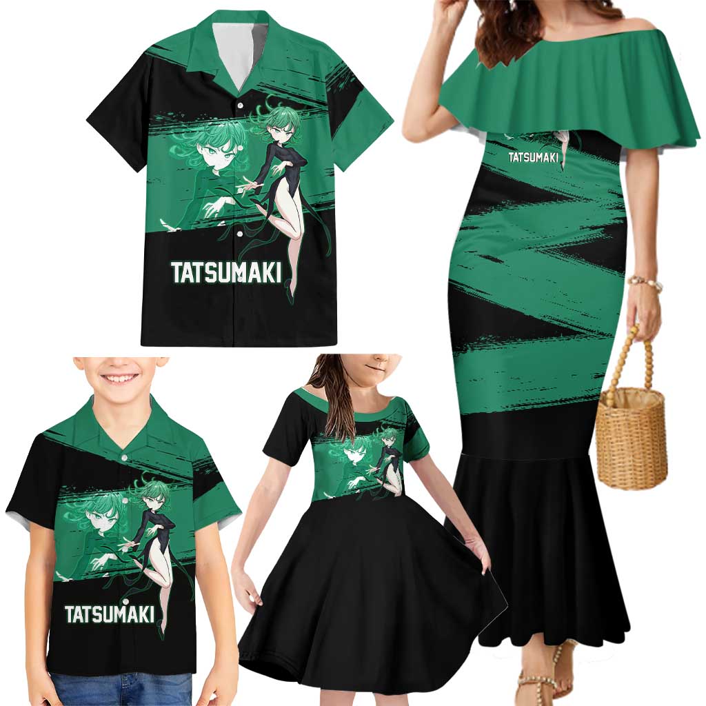 Tatsumaki One Punch Man Anime Green and Black Theme Family Matching Mermaid Dress and Hawaiian Shirt with Psychic Power Effects and Bold