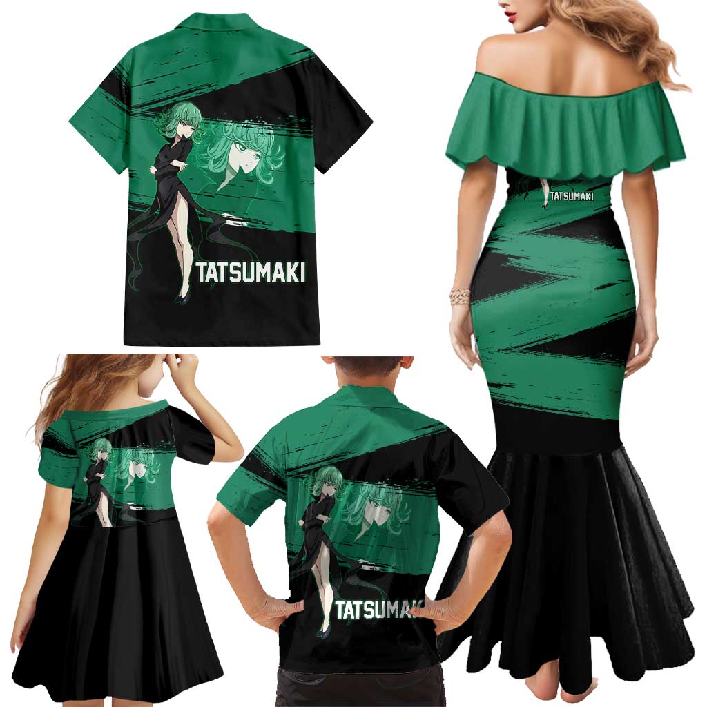 Tatsumaki One Punch Man Anime Green and Black Theme Family Matching Mermaid Dress and Hawaiian Shirt with Psychic Power Effects and Bold