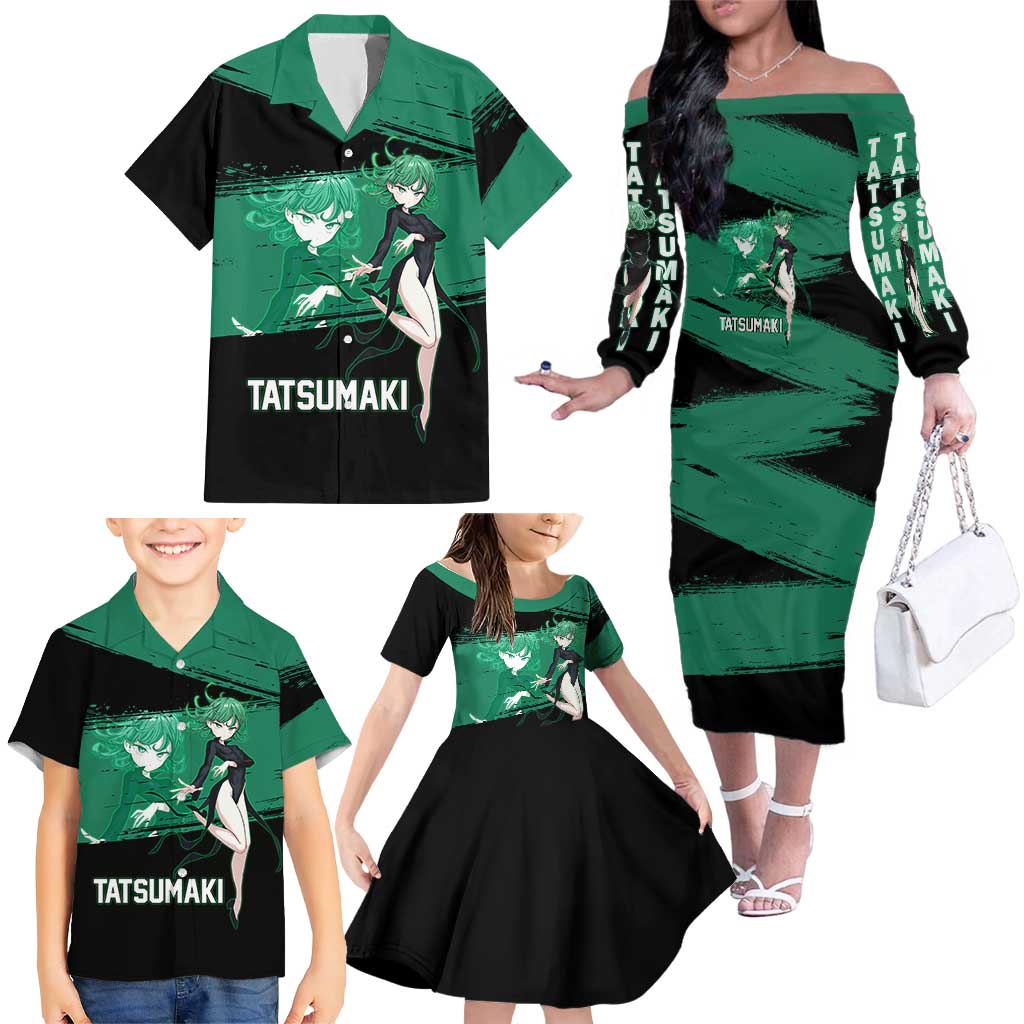 Tatsumaki One Punch Man Anime Green and Black Theme Family Matching Off The Shoulder Long Sleeve Dress and Hawaiian Shirt with Psychic Power Effects and Bold
