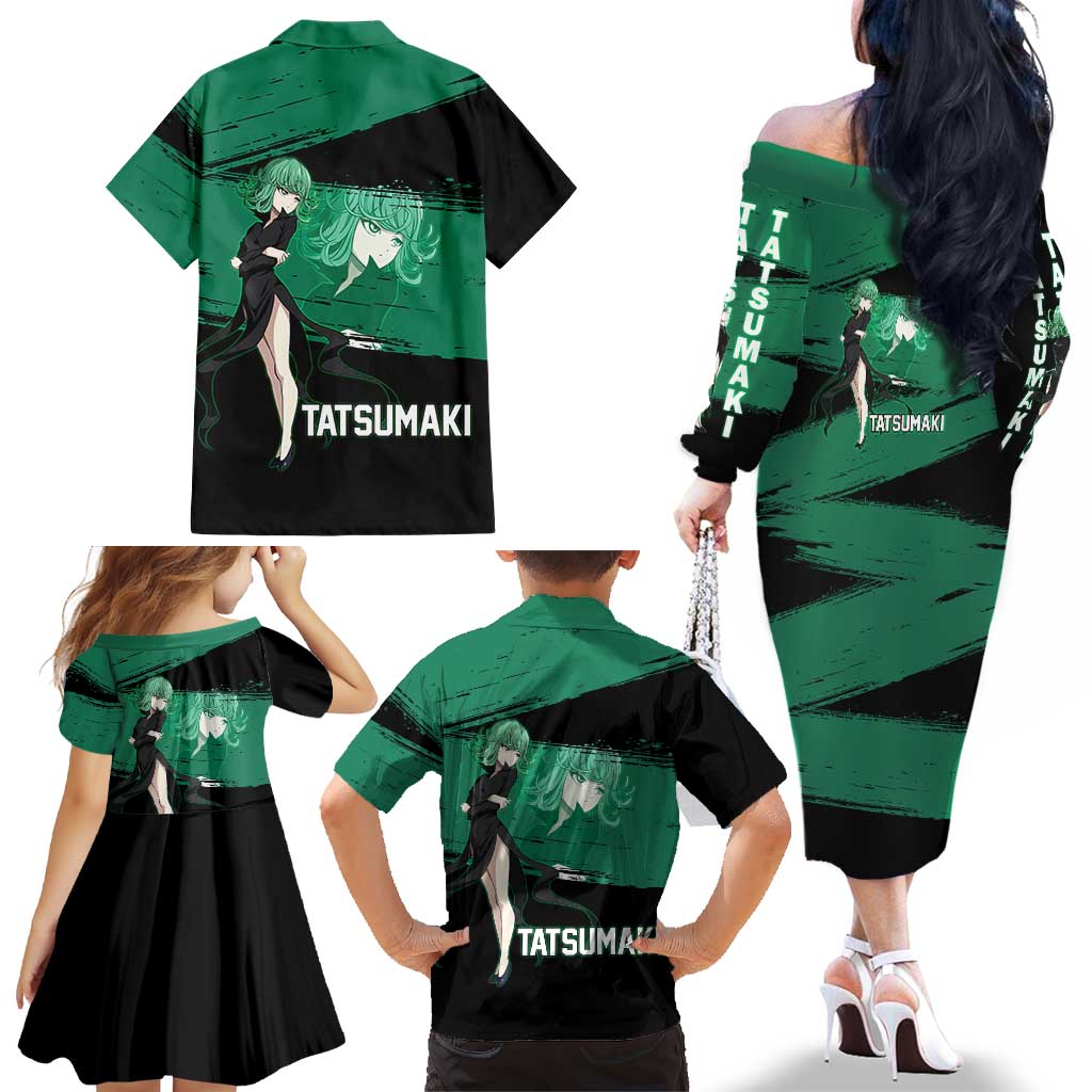 Tatsumaki One Punch Man Anime Green and Black Theme Family Matching Off The Shoulder Long Sleeve Dress and Hawaiian Shirt with Psychic Power Effects and Bold