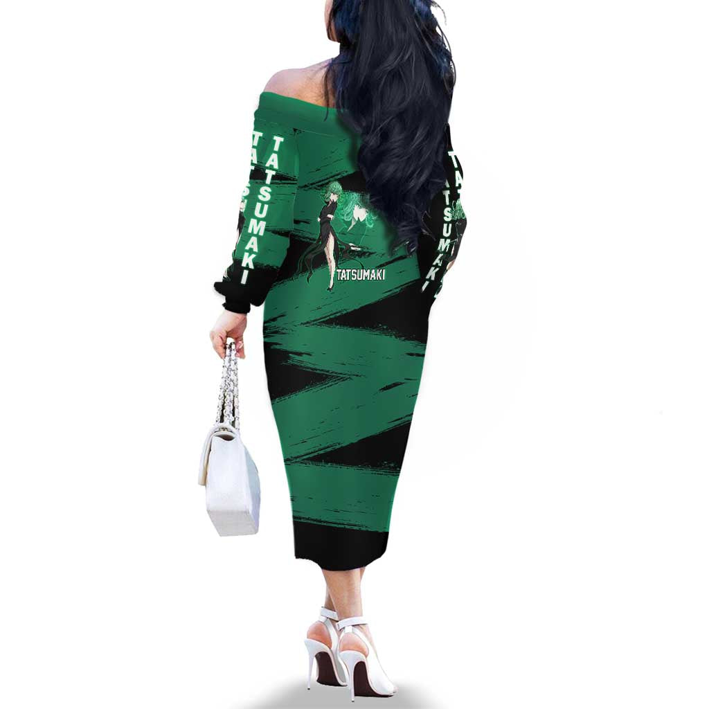 Tatsumaki One Punch Man Anime Green and Black Theme Family Matching Off The Shoulder Long Sleeve Dress and Hawaiian Shirt with Psychic Power Effects and Bold