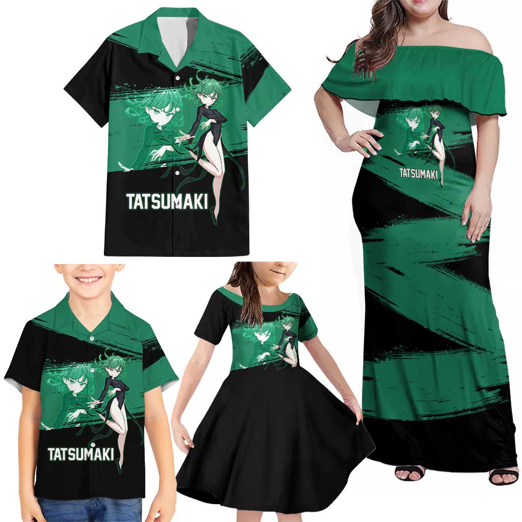 Tatsumaki One Punch Man Anime Green and Black Theme Family Matching Off Shoulder Maxi Dress and Hawaiian Shirt with Psychic Power Effects and Bold