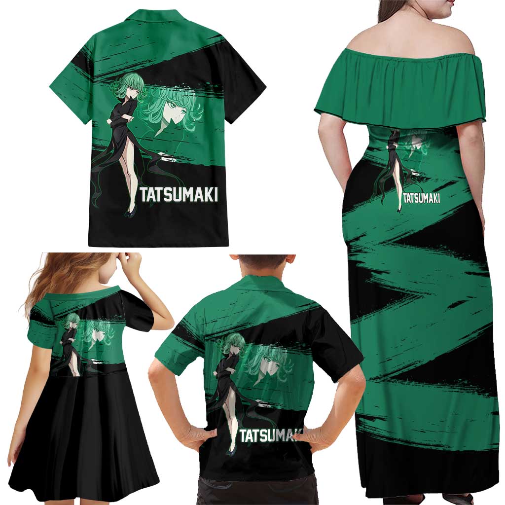Tatsumaki One Punch Man Anime Green and Black Theme Family Matching Off Shoulder Maxi Dress and Hawaiian Shirt with Psychic Power Effects and Bold