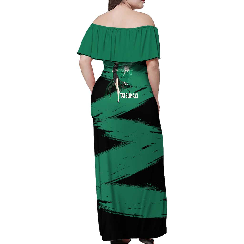 Tatsumaki One Punch Man Anime Green and Black Theme Family Matching Off Shoulder Maxi Dress and Hawaiian Shirt with Psychic Power Effects and Bold