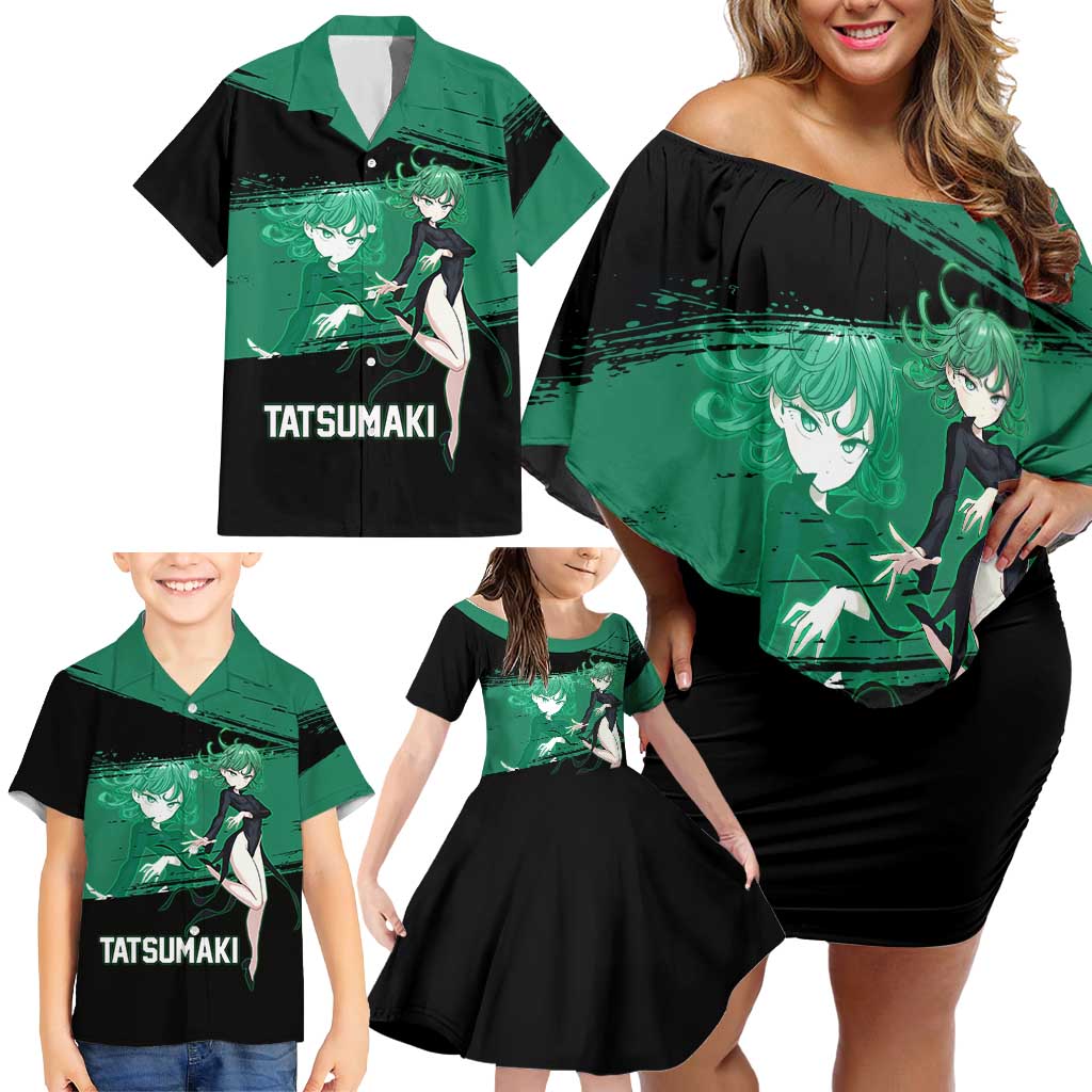 Tatsumaki One Punch Man Anime Green and Black Theme Family Matching Off Shoulder Short Dress and Hawaiian Shirt with Psychic Power Effects and Bold