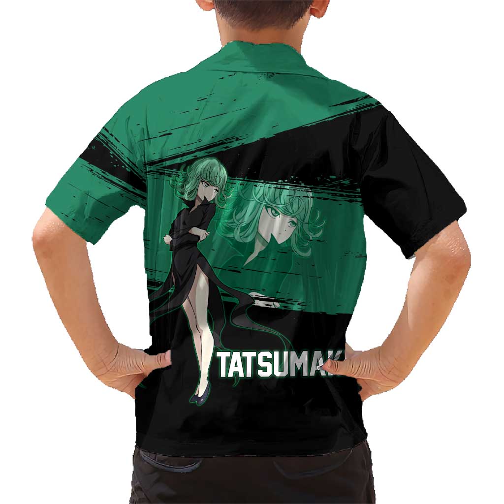 Tatsumaki One Punch Man Anime Green and Black Theme Family Matching Off Shoulder Short Dress and Hawaiian Shirt with Psychic Power Effects and Bold