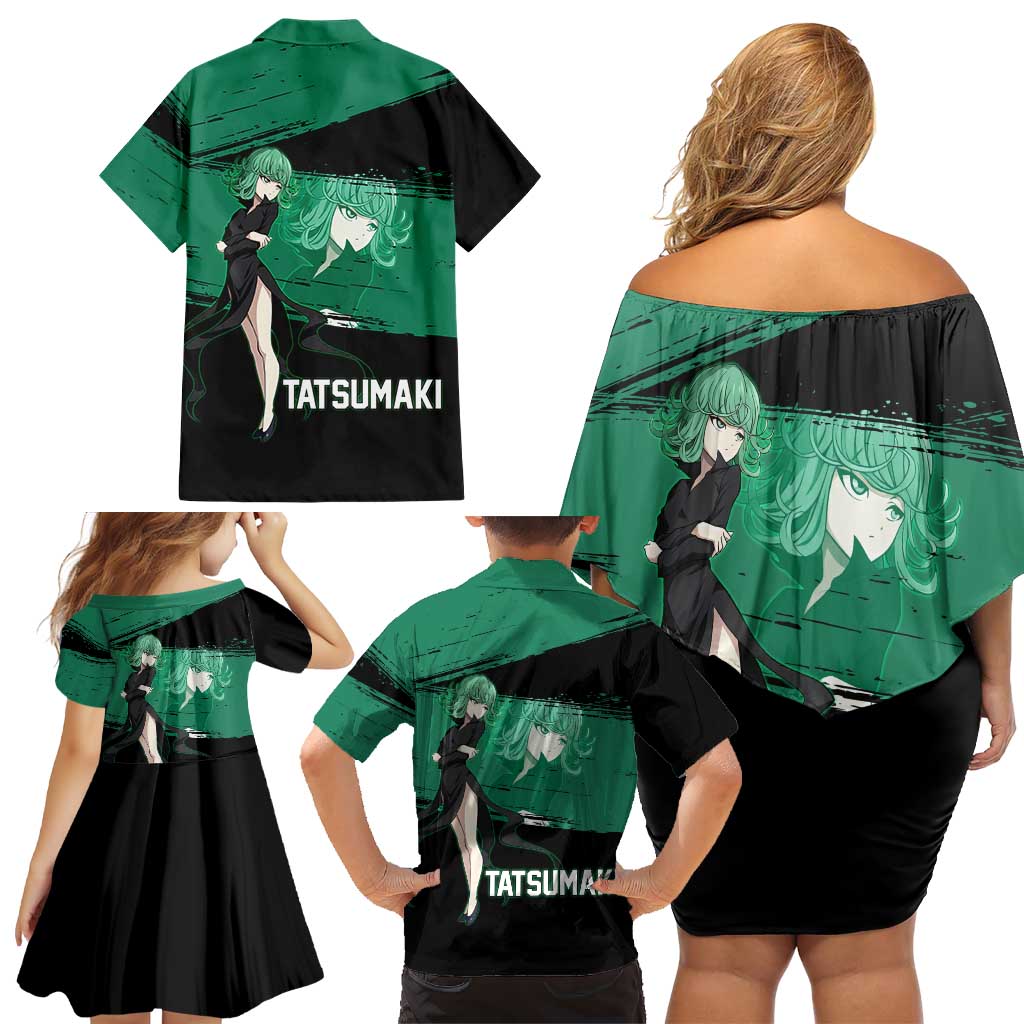 Tatsumaki One Punch Man Anime Green and Black Theme Family Matching Off Shoulder Short Dress and Hawaiian Shirt with Psychic Power Effects and Bold
