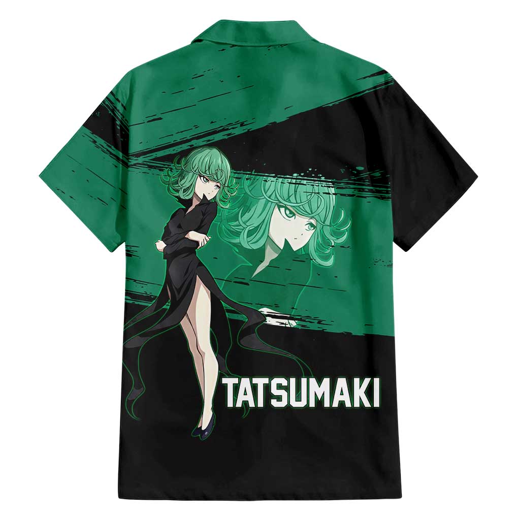 Tatsumaki One Punch Man Anime Green and Black Theme Family Matching Off Shoulder Short Dress and Hawaiian Shirt with Psychic Power Effects and Bold