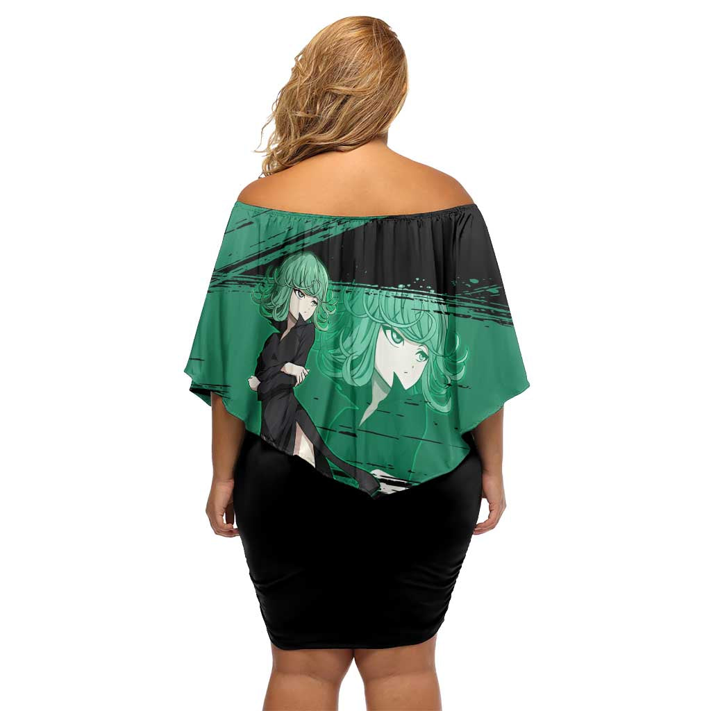 Tatsumaki One Punch Man Anime Green and Black Theme Family Matching Off Shoulder Short Dress and Hawaiian Shirt with Psychic Power Effects and Bold