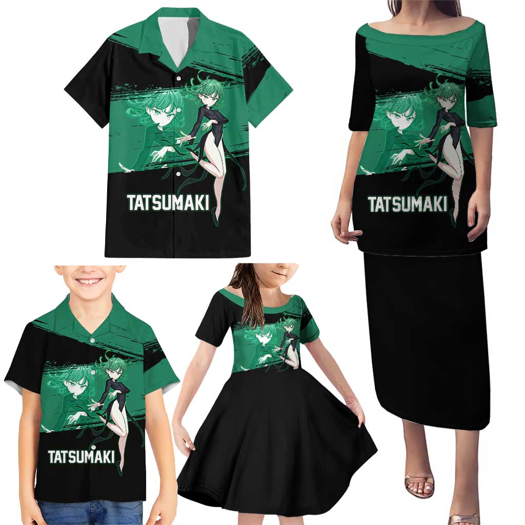 Tatsumaki One Punch Man Anime Green and Black Theme Family Matching Puletasi and Hawaiian Shirt with Psychic Power Effects and Bold