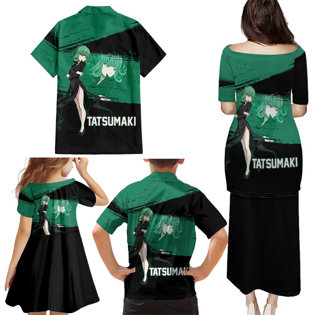 Tatsumaki One Punch Man Anime Green and Black Theme Family Matching Puletasi and Hawaiian Shirt with Psychic Power Effects and Bold