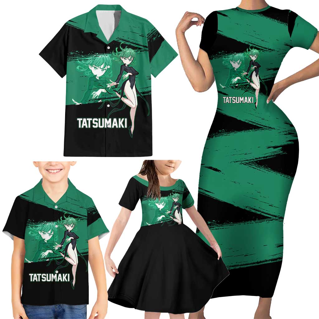 Tatsumaki One Punch Man Anime Green and Black Theme Family Matching Short Sleeve Bodycon Dress and Hawaiian Shirt with Psychic Power Effects and Bold