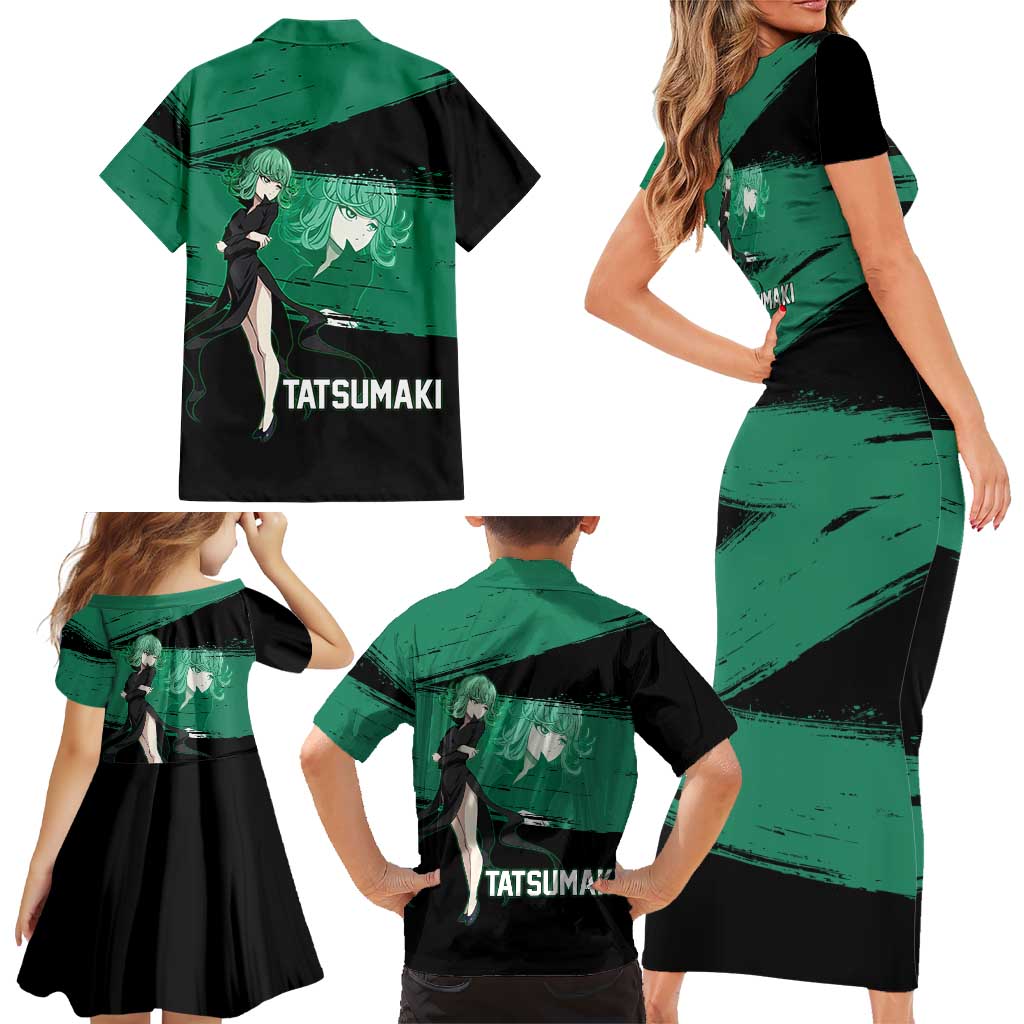 Tatsumaki One Punch Man Anime Green and Black Theme Family Matching Short Sleeve Bodycon Dress and Hawaiian Shirt with Psychic Power Effects and Bold