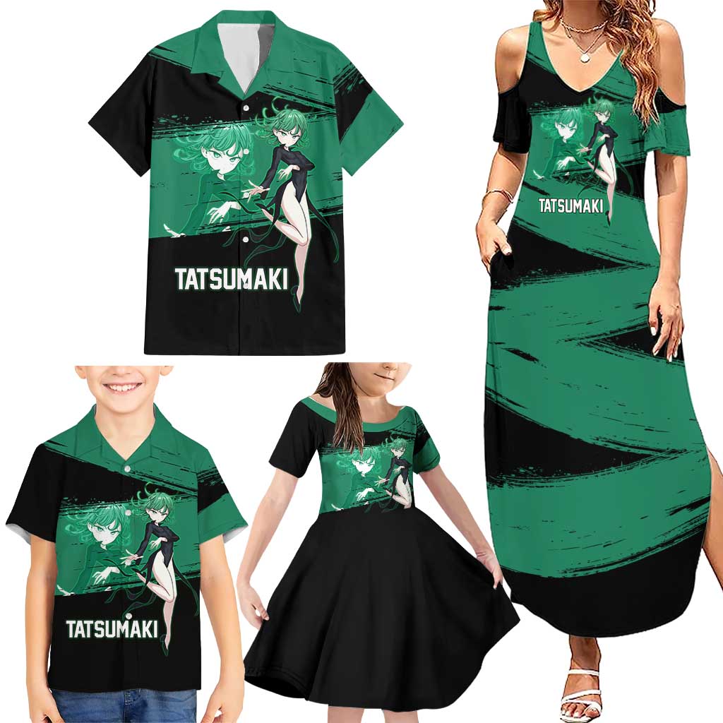 Tatsumaki One Punch Man Anime Green and Black Theme Family Matching Summer Maxi Dress and Hawaiian Shirt with Psychic Power Effects and Bold