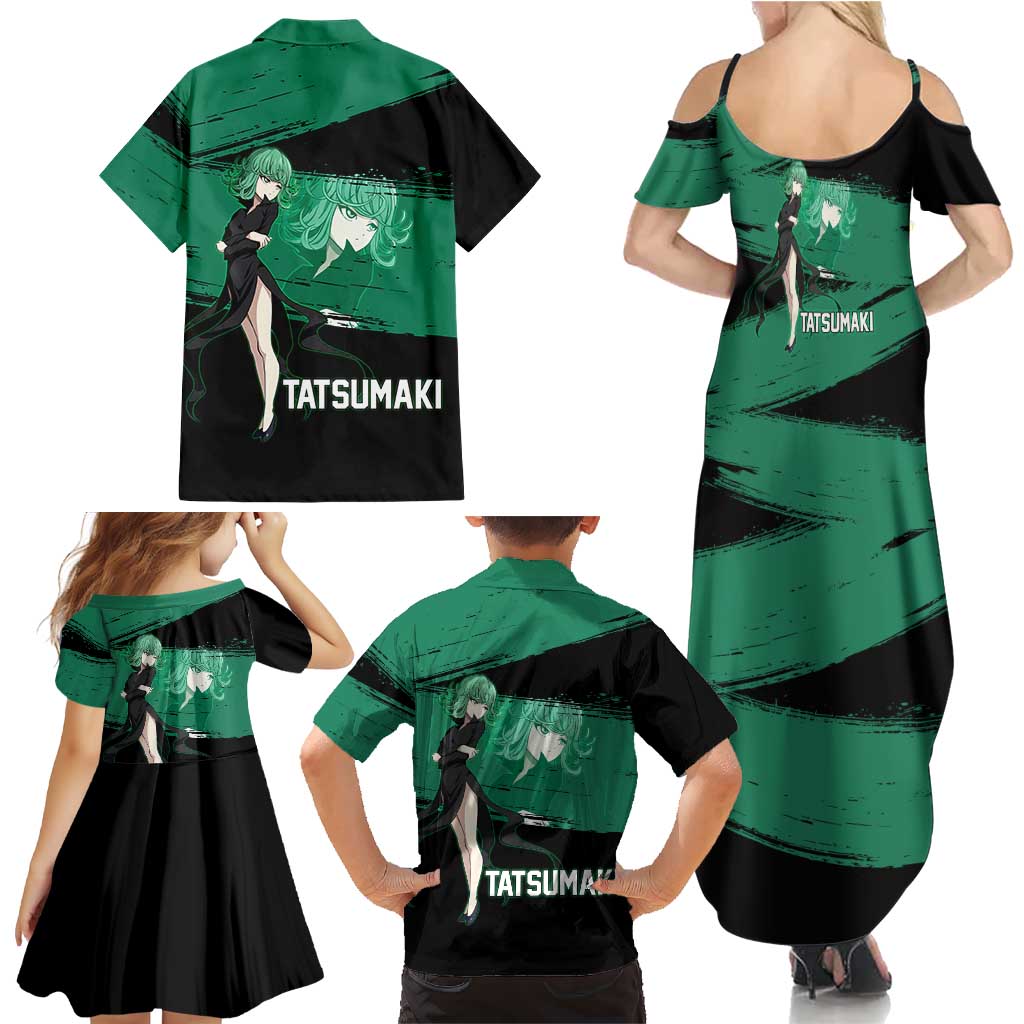 Tatsumaki One Punch Man Anime Green and Black Theme Family Matching Summer Maxi Dress and Hawaiian Shirt with Psychic Power Effects and Bold