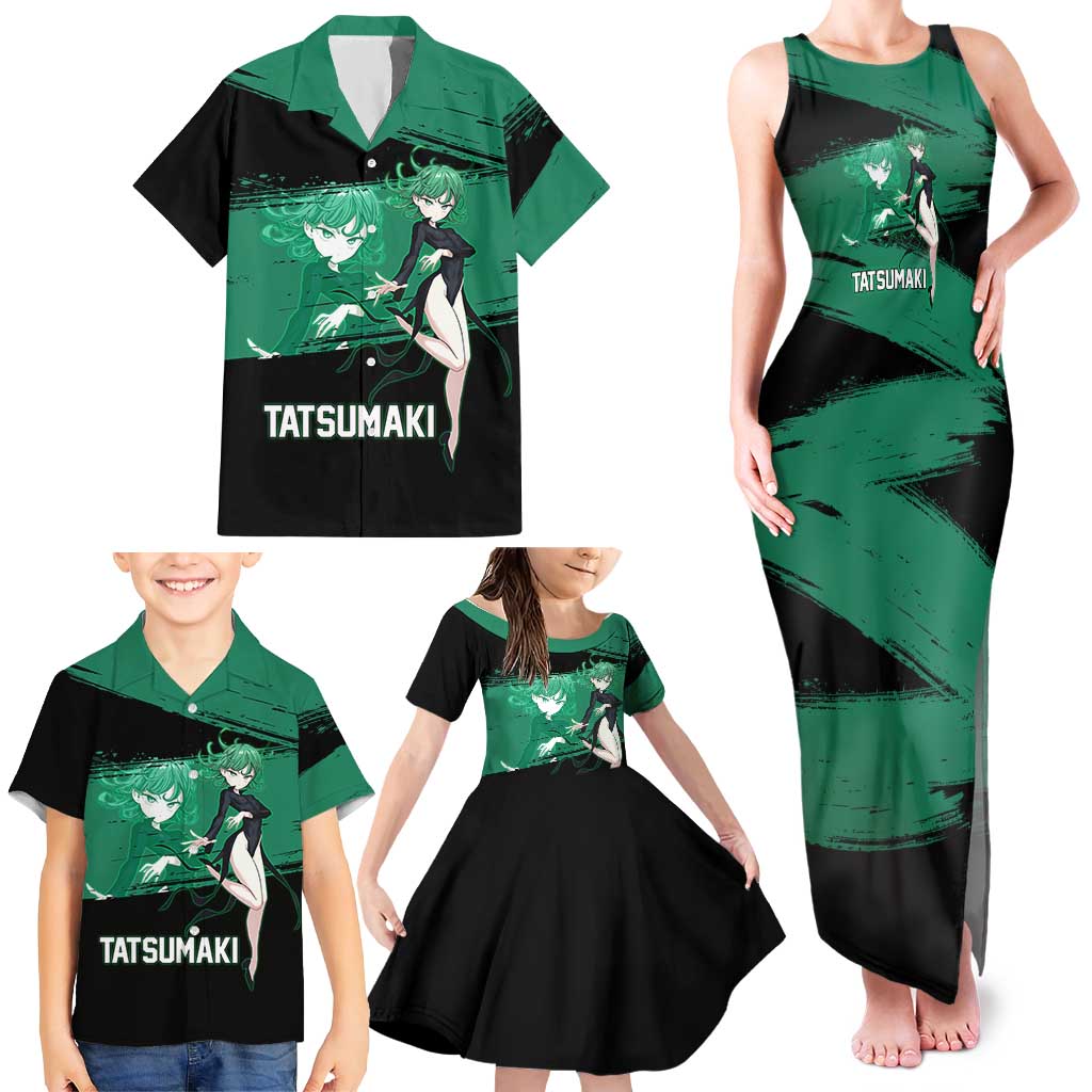 Tatsumaki One Punch Man Anime Green and Black Theme Family Matching Tank Maxi Dress and Hawaiian Shirt with Psychic Power Effects and Bold