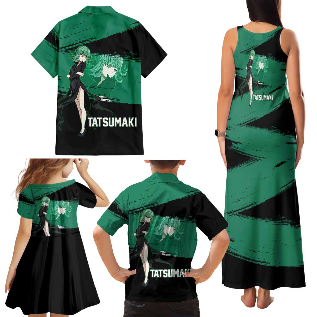 Tatsumaki One Punch Man Anime Green and Black Theme Family Matching Tank Maxi Dress and Hawaiian Shirt with Psychic Power Effects and Bold