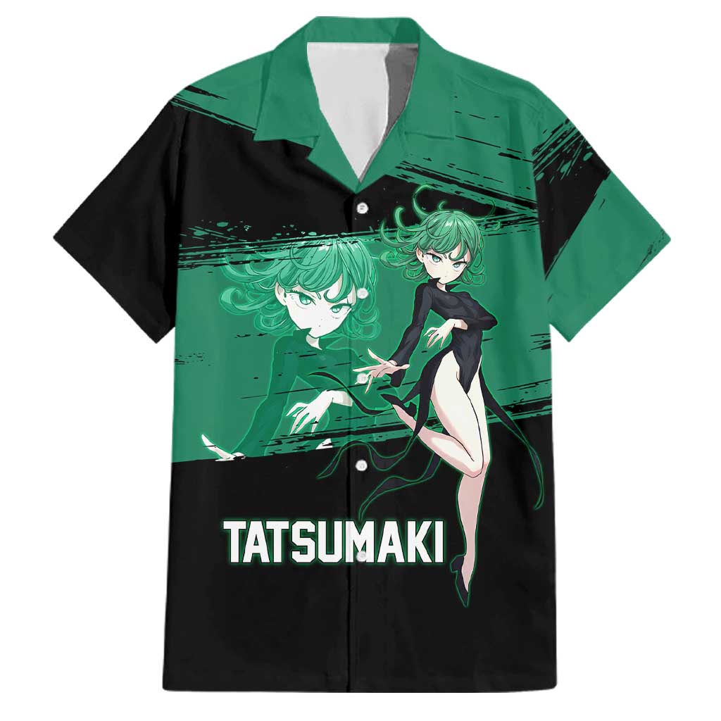 Tatsumaki One Punch Man Anime Green and Black Theme Family Matching Tank Maxi Dress and Hawaiian Shirt with Psychic Power Effects and Bold