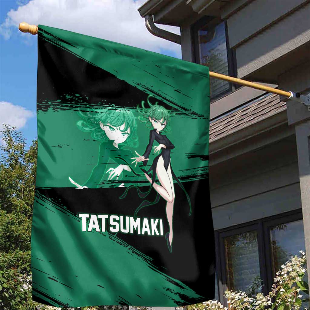 Tatsumaki One Punch Man Anime Green and Black Theme Garden Flag with Psychic Power Effects and Bold - The Mazicc