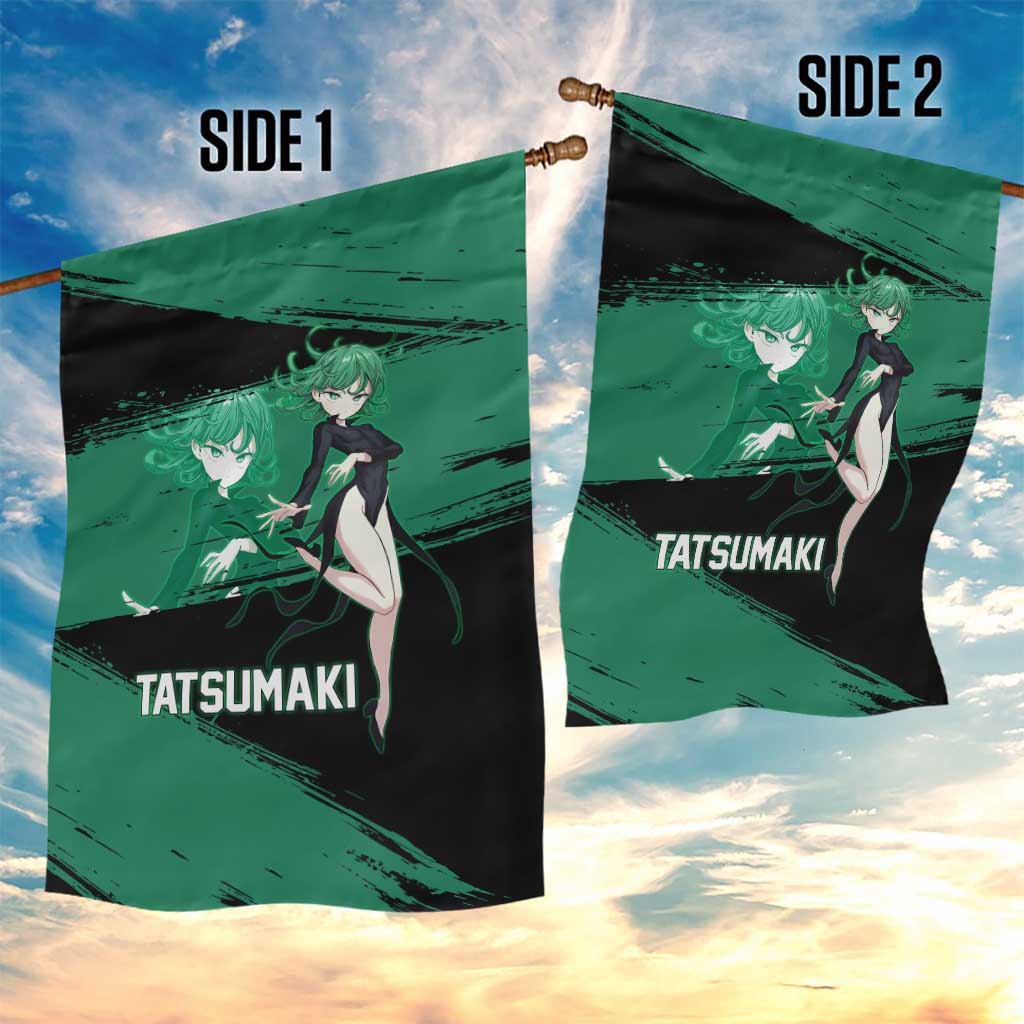 Tatsumaki One Punch Man Anime Green and Black Theme Garden Flag with Psychic Power Effects and Bold - The Mazicc