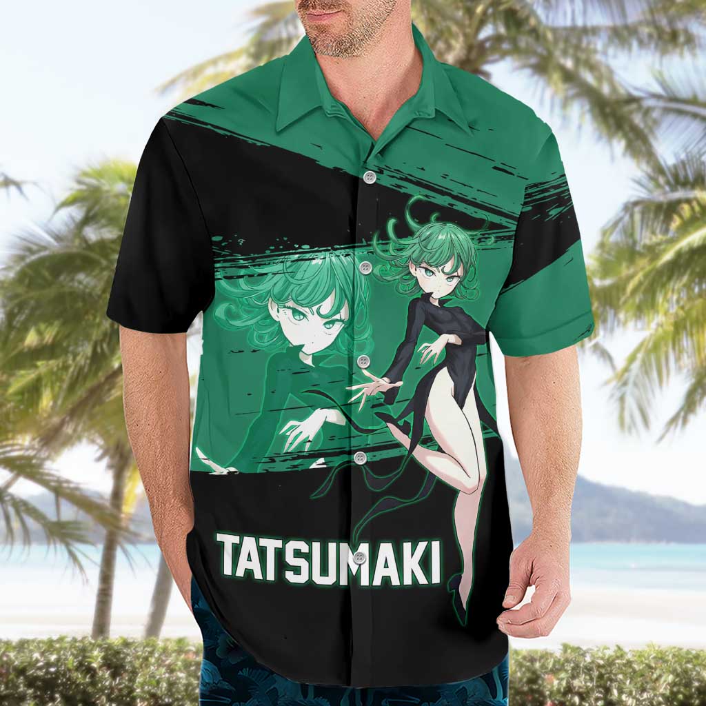 Tatsumaki One Punch Man Anime Green and Black Theme Hawaiian Shirt with Psychic Power Effects and Bold - The Mazicc