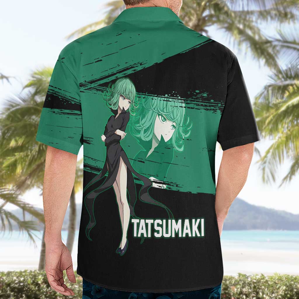 Tatsumaki One Punch Man Anime Green and Black Theme Hawaiian Shirt with Psychic Power Effects and Bold - The Mazicc
