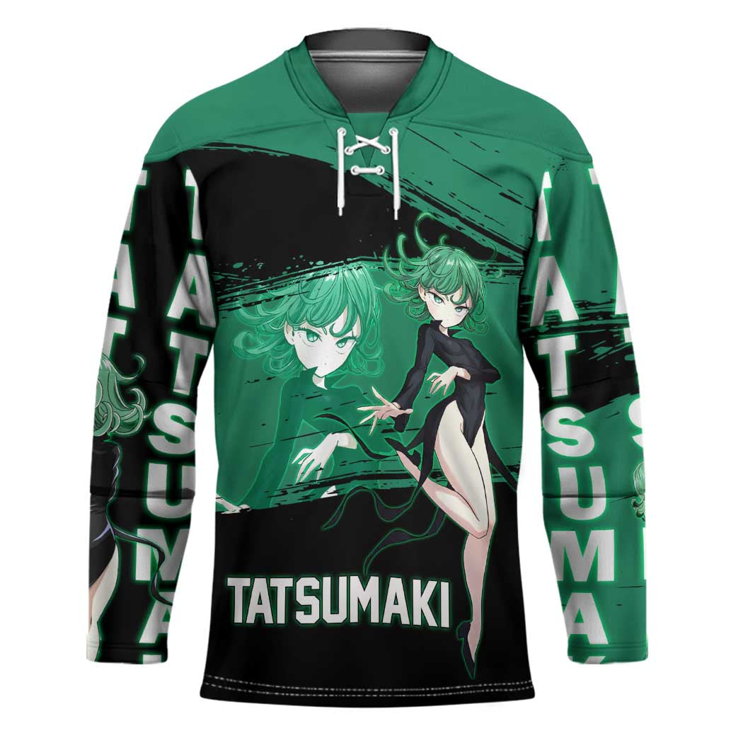 Tatsumaki One Punch Man Anime Green and Black Theme Hockey Jersey with Psychic Power Effects and Bold - The Mazicc