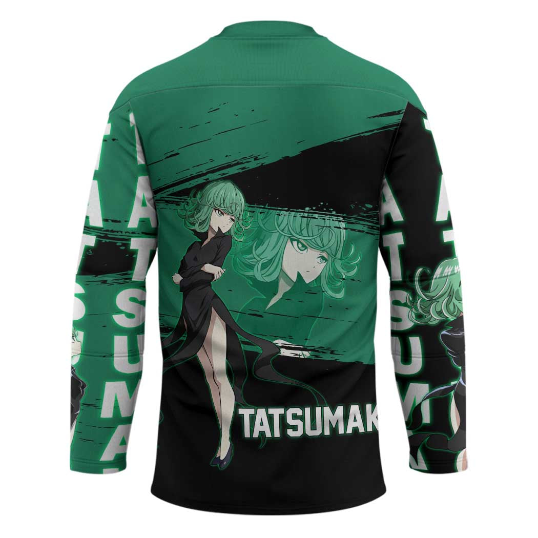 Tatsumaki One Punch Man Anime Green and Black Theme Hockey Jersey with Psychic Power Effects and Bold - The Mazicc