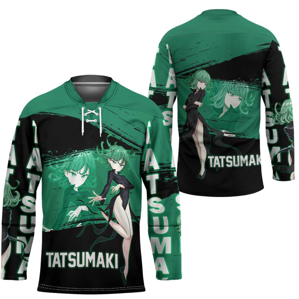 Tatsumaki One Punch Man Anime Green and Black Theme Hockey Jersey with Psychic Power Effects and Bold - The Mazicc