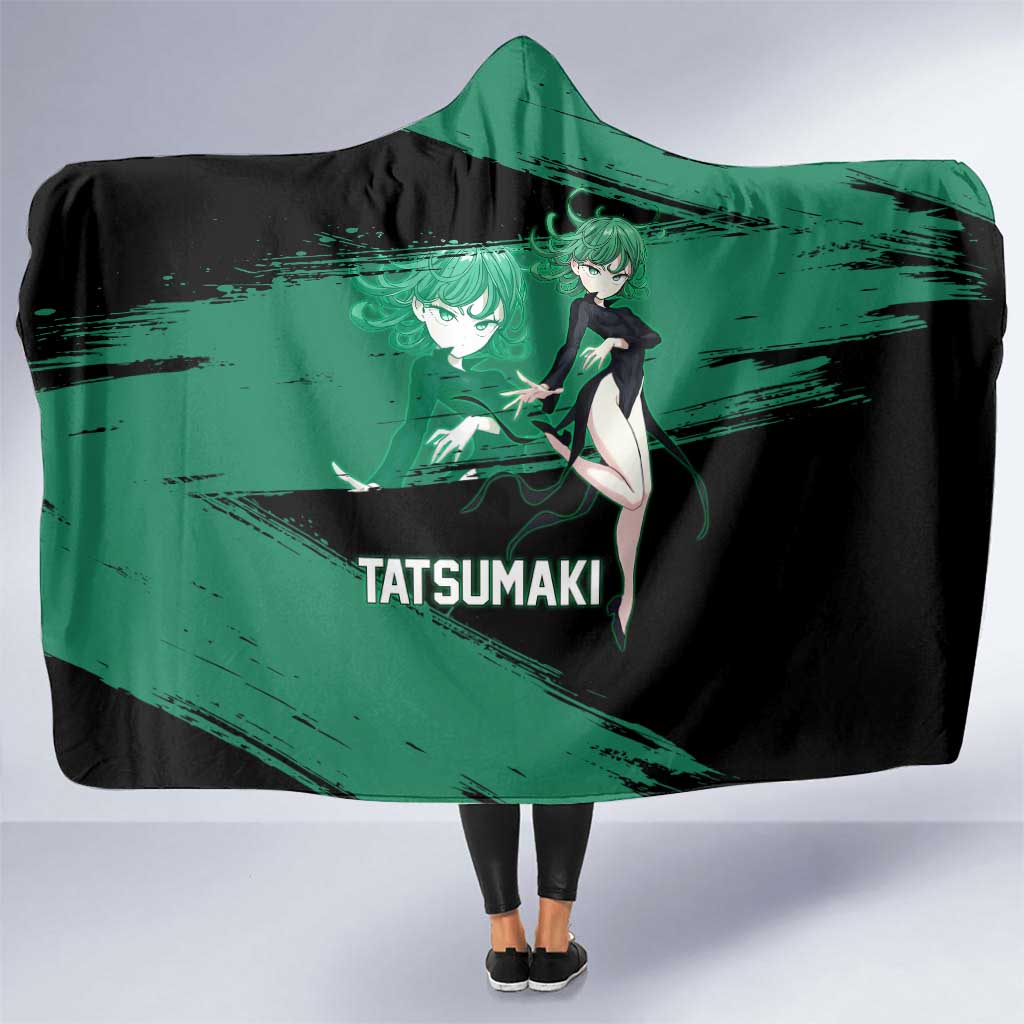 Tatsumaki One Punch Man Anime Green and Black Theme Hooded Blanket with Psychic Power Effects and Bold - The Mazicc