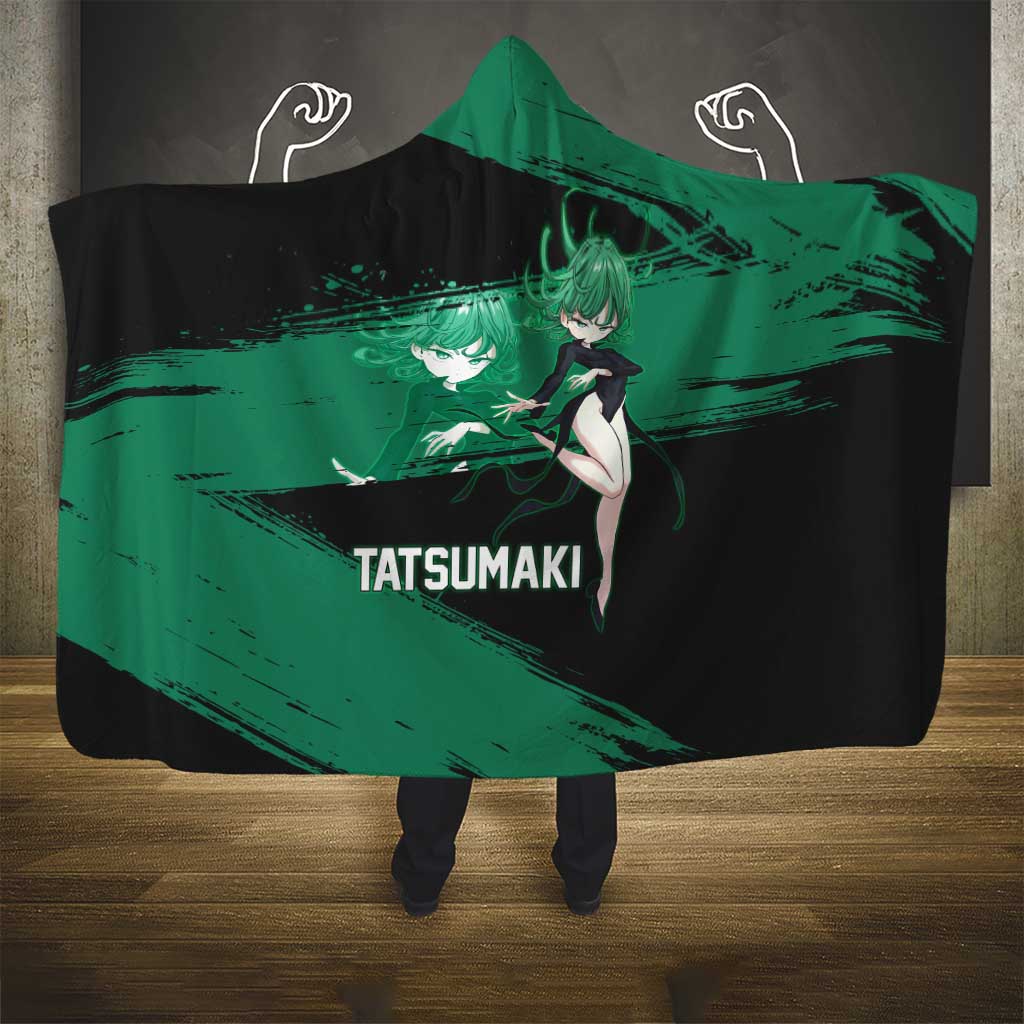 Tatsumaki One Punch Man Anime Green and Black Theme Hooded Blanket with Psychic Power Effects and Bold - The Mazicc