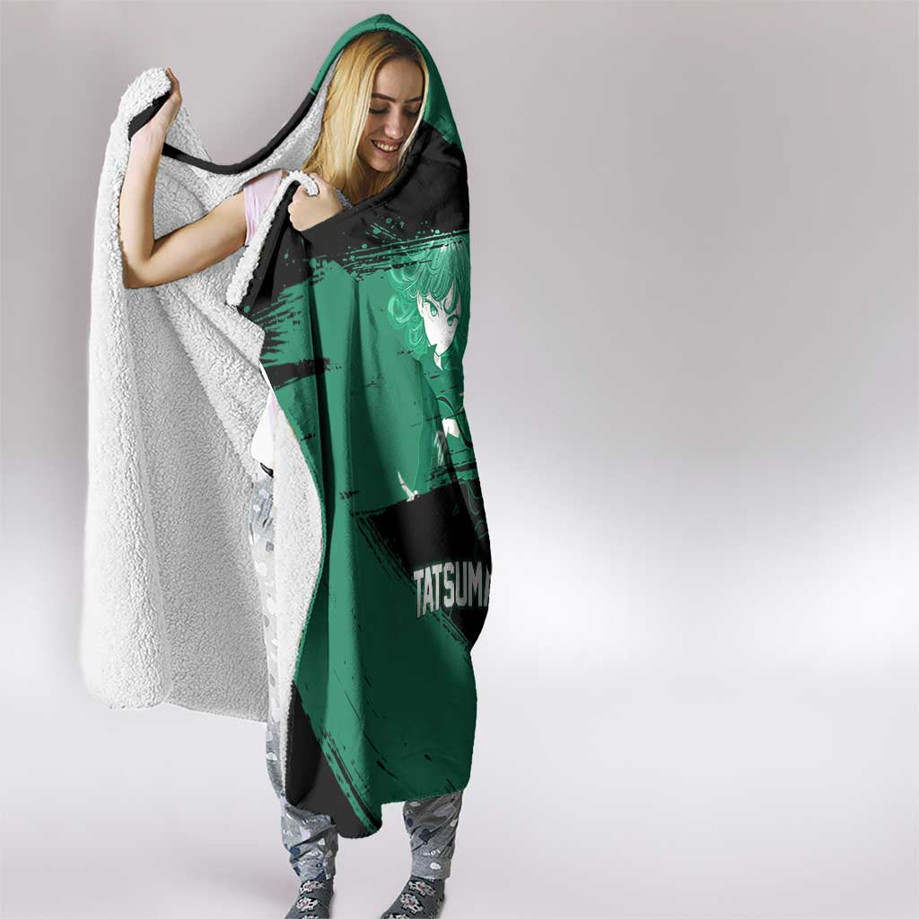 Tatsumaki One Punch Man Anime Green and Black Theme Hooded Blanket with Psychic Power Effects and Bold - The Mazicc