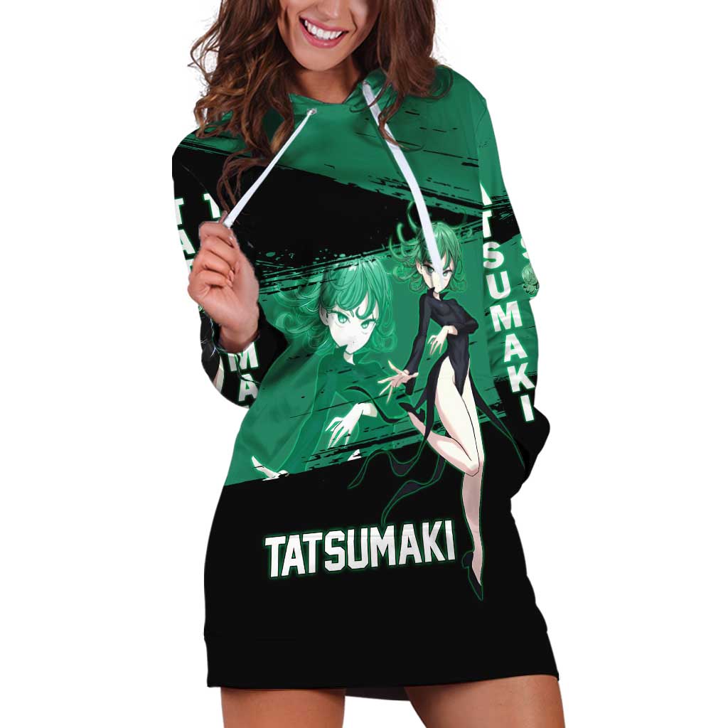 Tatsumaki One Punch Man Anime Green and Black Theme Hoodie Dress with Psychic Power Effects and Bold - The Mazicc