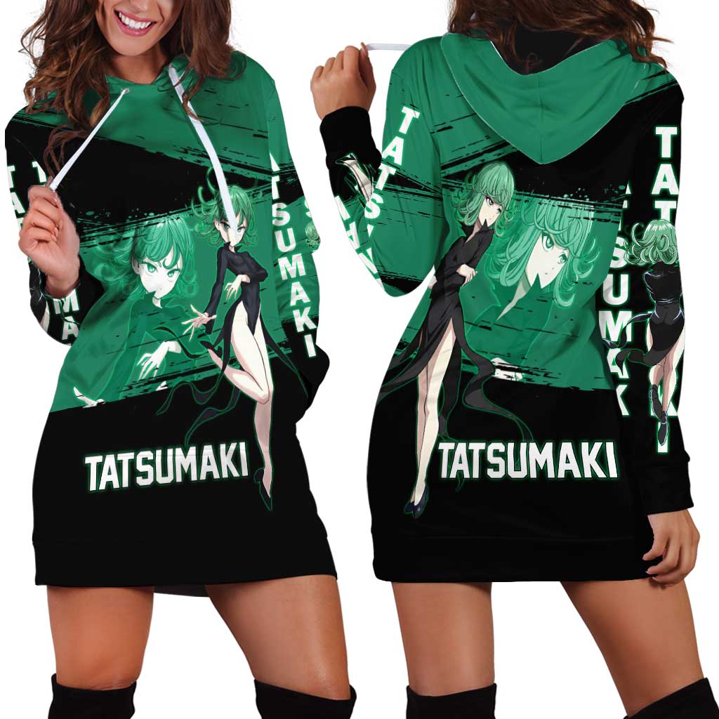 Tatsumaki One Punch Man Anime Green and Black Theme Hoodie Dress with Psychic Power Effects and Bold - The Mazicc
