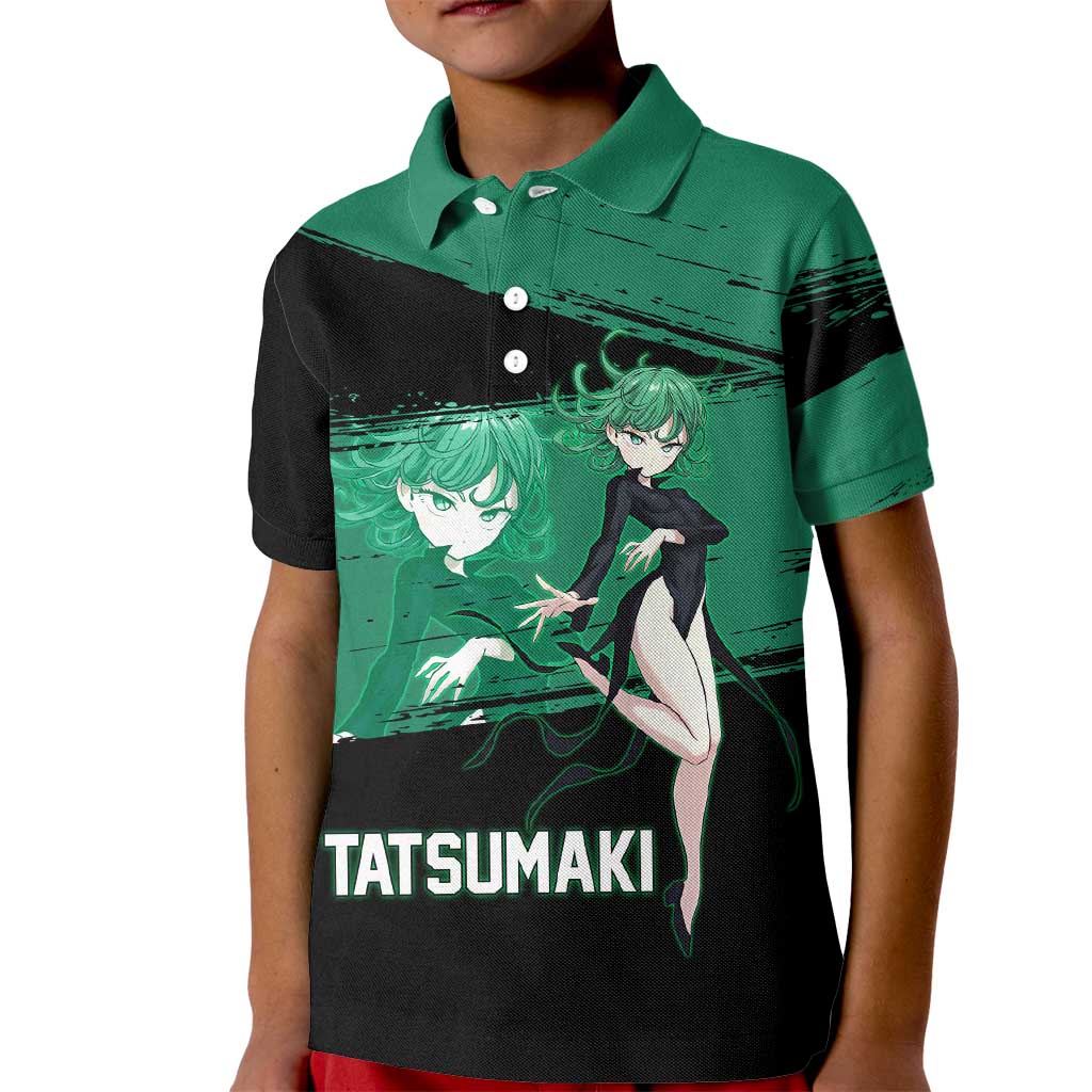 Tatsumaki One Punch Man Anime Green and Black Theme Kid Polo Shirt with Psychic Power Effects and Bold - The Mazicc