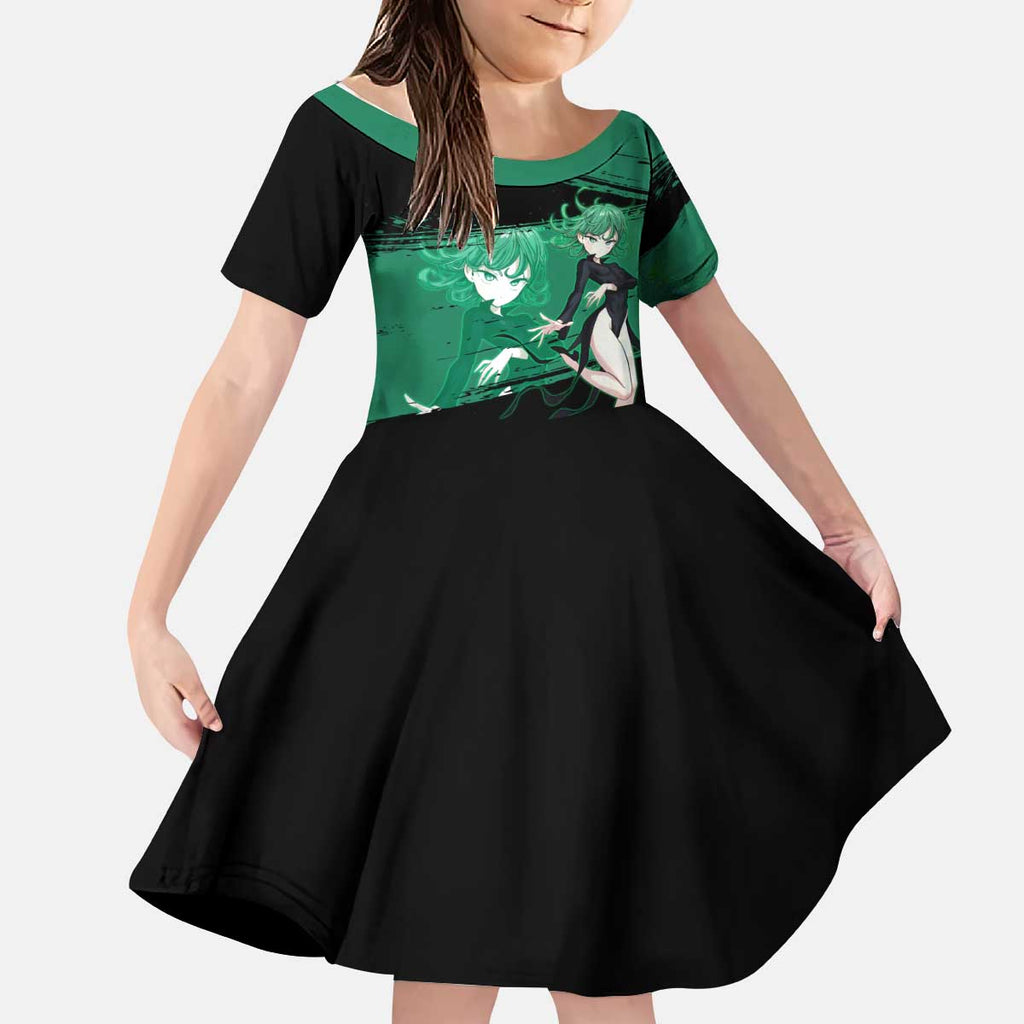 Tatsumaki One Punch Man Anime Green and Black Theme Kid Short Sleeve Dress with Psychic Power Effects and Bold - The Mazicc
