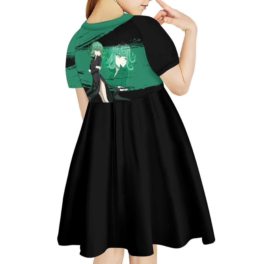 Tatsumaki One Punch Man Anime Green and Black Theme Kid Short Sleeve Dress with Psychic Power Effects and Bold - The Mazicc