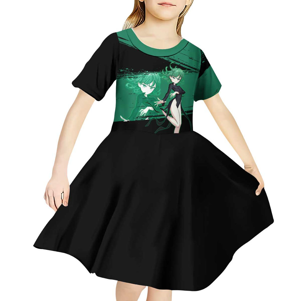 Tatsumaki One Punch Man Anime Green and Black Theme Kid Short Sleeve Dress with Psychic Power Effects and Bold - The Mazicc