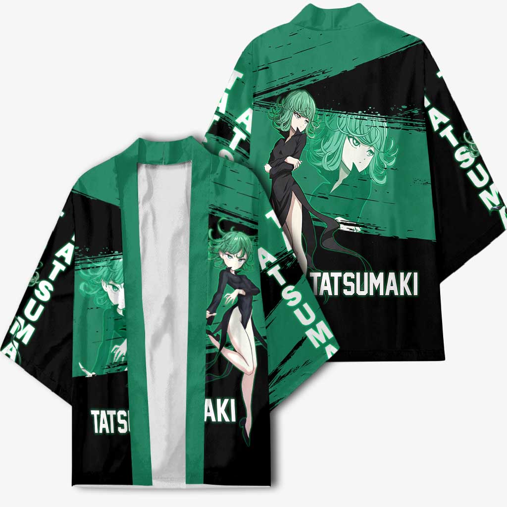 Tatsumaki One Punch Man Anime Green and Black Theme Kimono with Psychic Power Effects and Bold - The Mazicc
