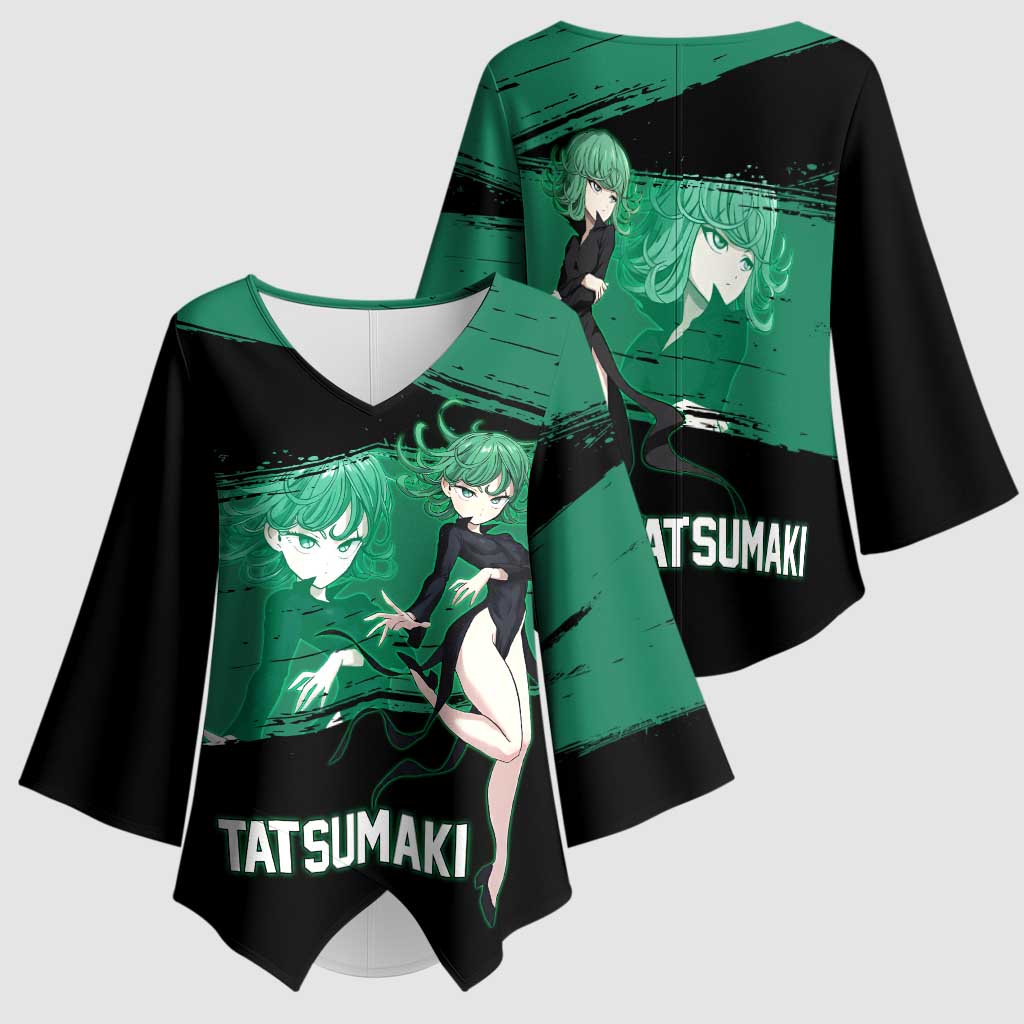 Tatsumaki One Punch Man Anime Green and Black Theme Kimono Sleeve Blouse with Psychic Power Effects and Bold - The Mazicc