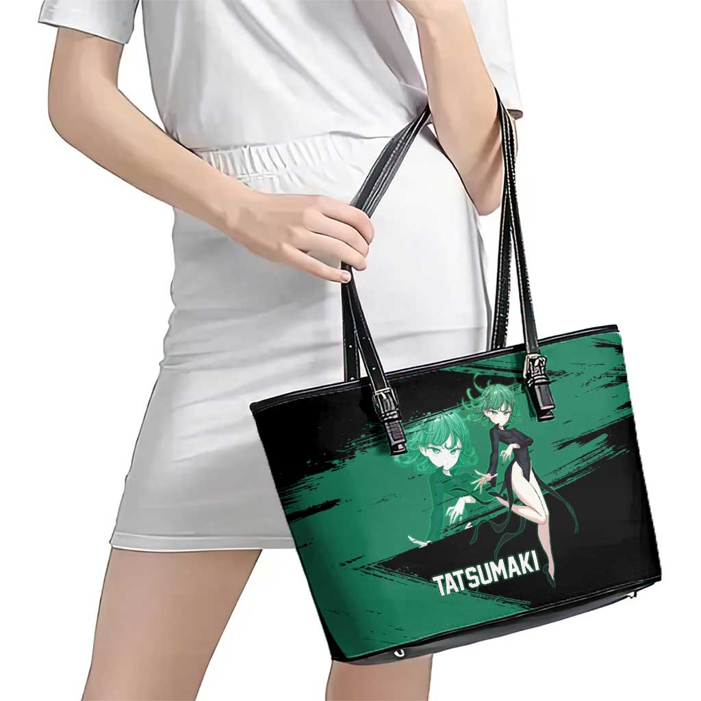 Tatsumaki One Punch Man Anime Green and Black Theme Leather Tote Bag with Psychic Power Effects and Bold - The Mazicc