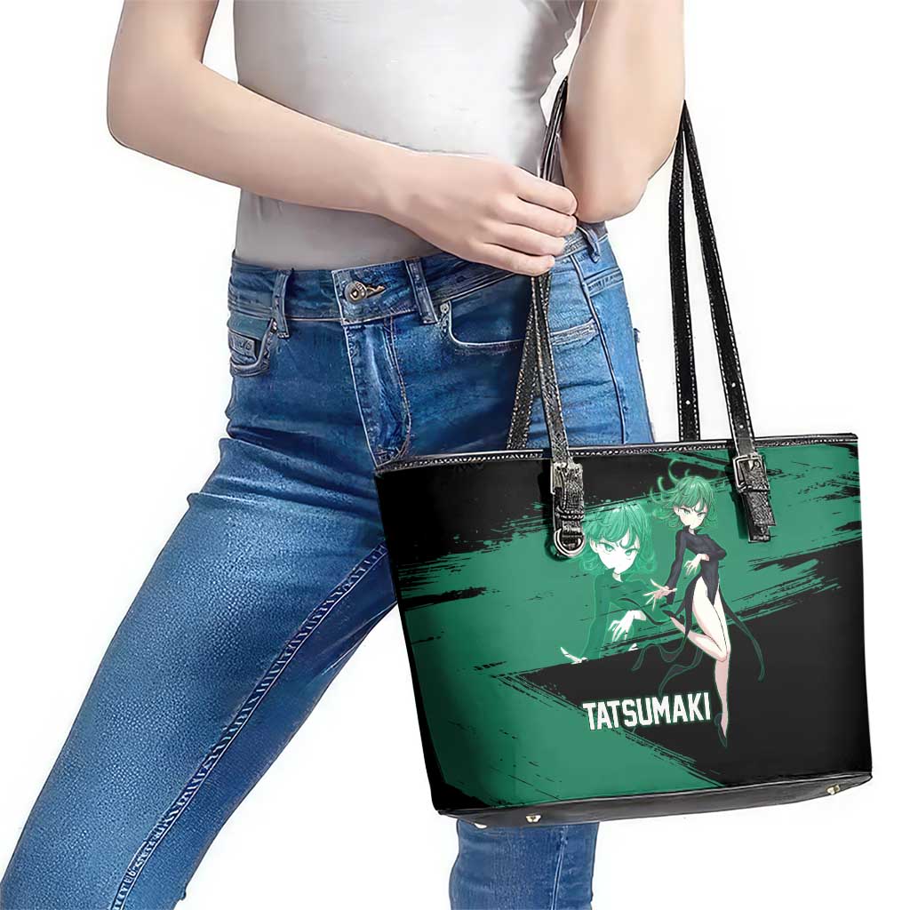 Tatsumaki One Punch Man Anime Green and Black Theme Leather Tote Bag with Psychic Power Effects and Bold - The Mazicc