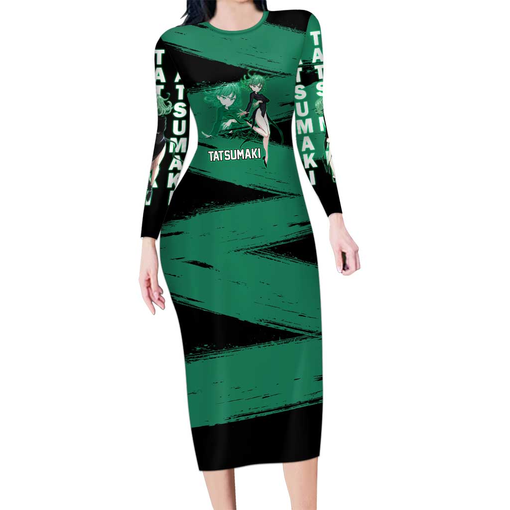 Tatsumaki One Punch Man Anime Green and Black Theme Long Sleeve Bodycon Dress with Psychic Power Effects and Bold - The Mazicc