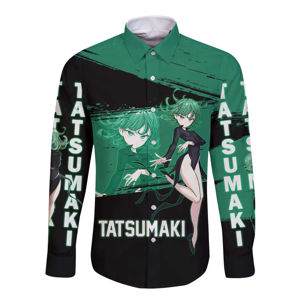 Tatsumaki One Punch Man Anime Green and Black Theme Long Sleeve Button Shirt with Psychic Power Effects and Bold - The Mazicc