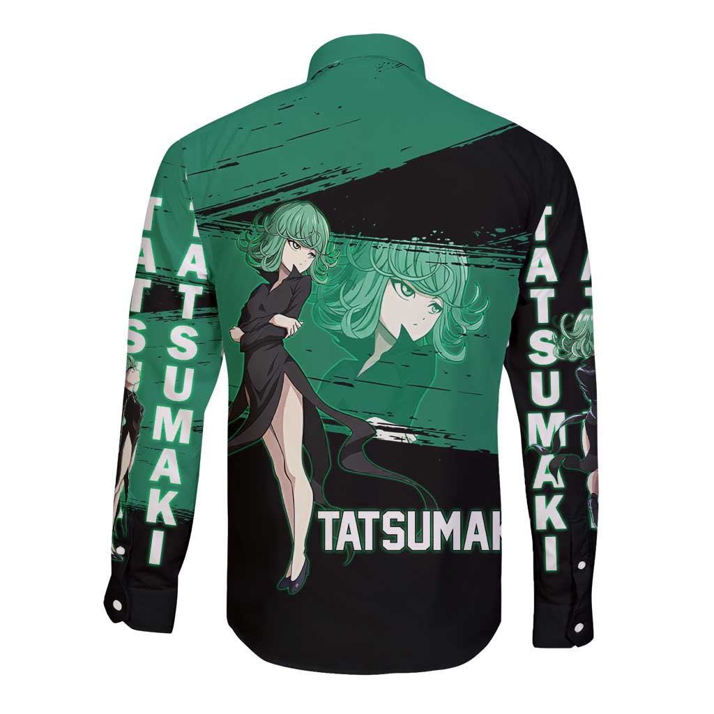 Tatsumaki One Punch Man Anime Green and Black Theme Long Sleeve Button Shirt with Psychic Power Effects and Bold - The Mazicc