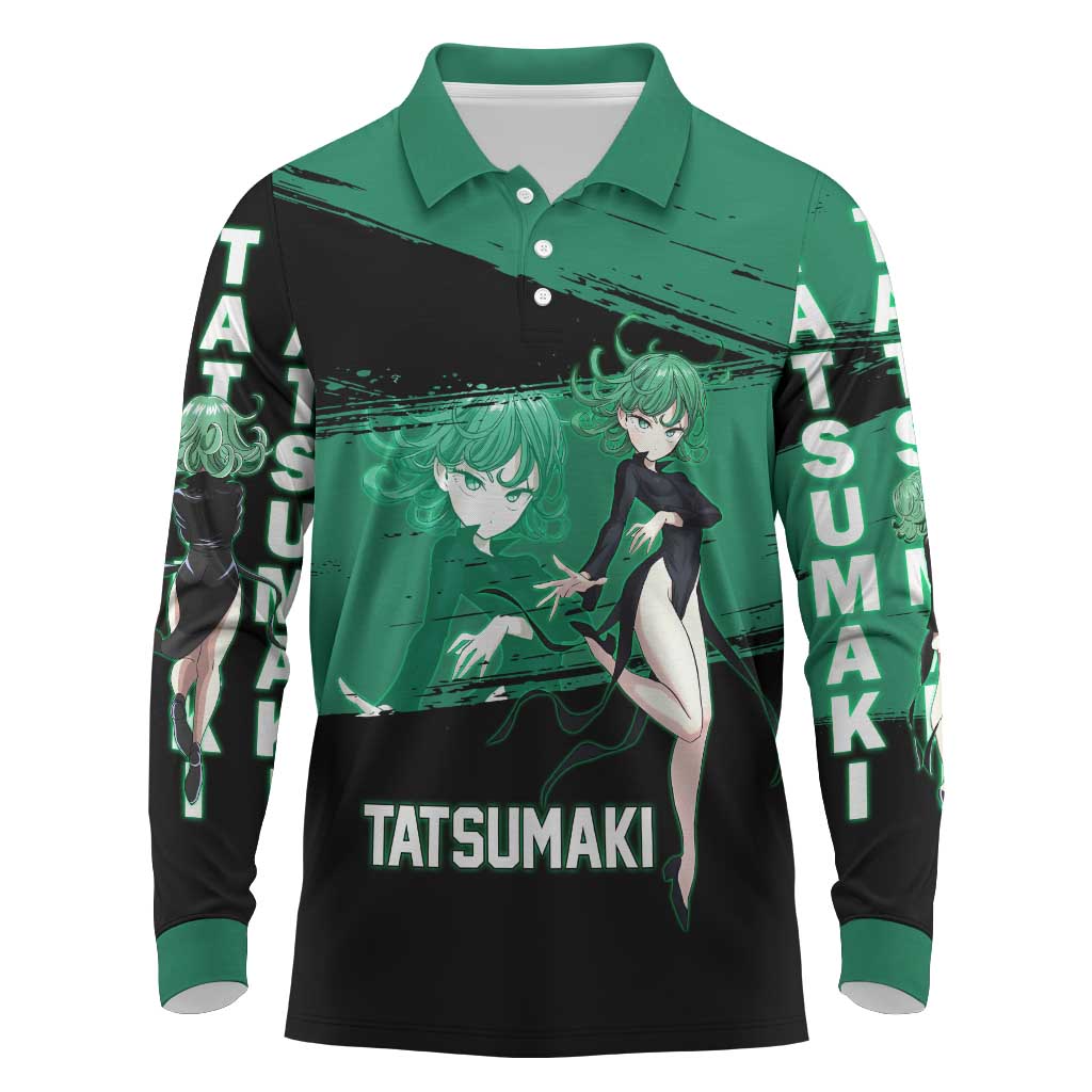 Tatsumaki One Punch Man Anime Green and Black Theme Long Sleeve Polo Shirt with Psychic Power Effects and Bold - The Mazicc