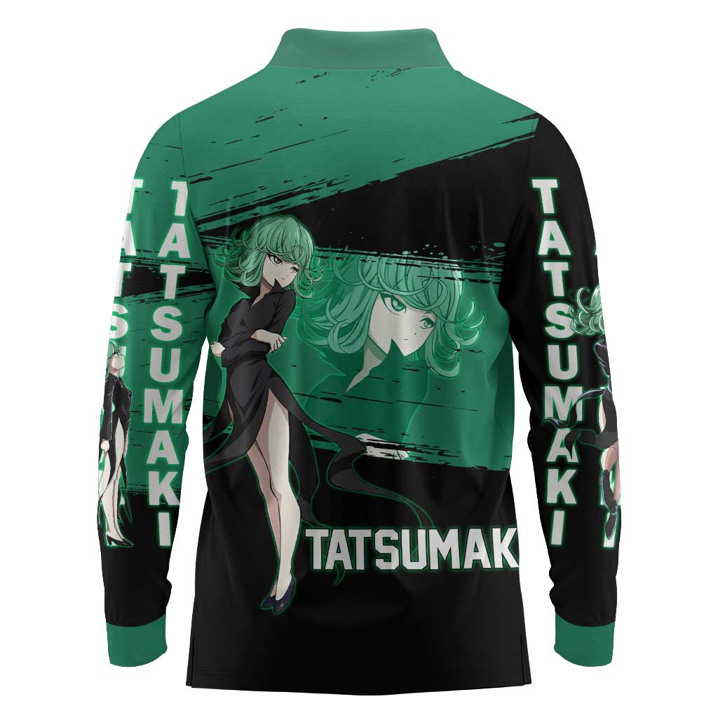 Tatsumaki One Punch Man Anime Green and Black Theme Long Sleeve Polo Shirt with Psychic Power Effects and Bold - The Mazicc